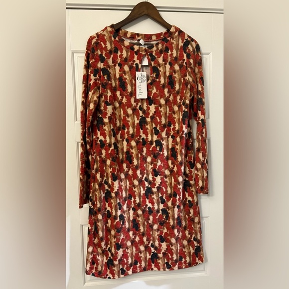 NWT Aryeh Rust Brown Print Stretch Keyhole Long Sleeve Shift Dress Large L 14 16 - Picture 1 of 5